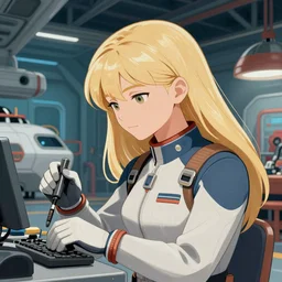 a mechanic working in a busy starship hanger, retrofuturism, finely illustrated face, long blonde hair, bodysuit, highly detailed, colored pencil, gainax, tankobon, in the style of ilya kuvshinov and yoshiyuki sadamoto and william - adolphe bouguereau and alphonse mucha