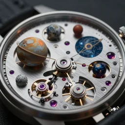 Macro photograph of a watch mechanism made of planets, moons, miniature cosmos, complexity