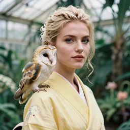 head to shoulder portrait film photograph of an elegant top model blond woman wearing a yellow kimono with a very detailed barn owl on her shoulder!!! in a tropical greenhouse. looking at the camera!!. super resolution. 85 mm f1.8 lens.bokeh. graflex. by Alessio albi !
