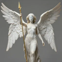 angelic humanoid with wings on its back and an upside-down marble head holding a golden spear, digital art, by Fernanda Suarez and and Edgar Maxence and greg rutkowski