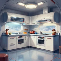 soviet retro - futuristic kitchen, space station by drew struzan