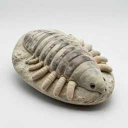 a detailed well made handmade plush soft sculpture of a trilobite fossil.