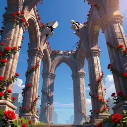 pixel art of broken arches leading to the pillars of eternity draped with red flowers and vines, blue sky, lens flare, a sense of mystery, cinematic, ultra detailed, intricate, sharp focus, trending on artstation, 8K
