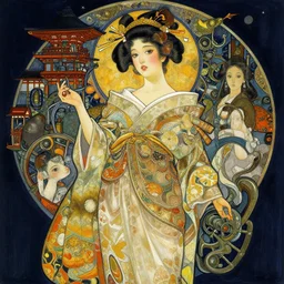 empress, night, japan, 4 k, ultra realistic, beautiful colors, epic lighting, machines, high detail, masterpiece, trending on artstation by artgerm and akihito tsukushi and alphonse mucha, crayons
