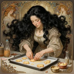 gentle older sister with long voluminous black hair baking cookies, full body shot, intricate, highly detailed, digital painting, artstation, concept art, matte, sharp focus, illustration, hearthstone, art by artgerm and greg rutkowski and alphonse mucha