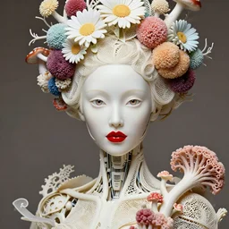 beautiful porcelain ivory woman elegant red plump lips round hazel eyes biomechanical cyborg, intricate details, beautiful fair face, iris van herpin, elegant haute couture, laser cut mesh, headdress with daisies, colorful puffballs, mushrooms, rhizomorphs, brackets, fractal sponge corals, hyper detailed, ultra sharp, soft light, 8 k, uhd