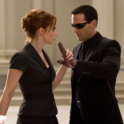 Movie still of Emma Watson fighting against Agent Smith in Matrix