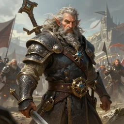 a detailed and very colorful portrait of a rugged dwarf warpriest with flowing hair on epic battlefield, pathfinder portrait, dndart, fantasy portrait, 4 k, hires, art by jack davis and lucian freud and bill ward