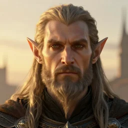 head and shoulders portrait of a pious knight, elf, eldritch, goatee, d & d, high fantasy, by donato giancola, golden hour, facial detail, extremely detailed, digital art