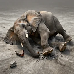 an elephant falling apart and crumbling to ash on the floor, photorealistic