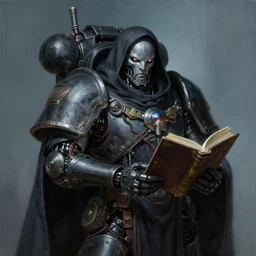 painting of a cloaked tech priest holding a book, cybernetic enhancements attached to his body, covered in wiring, Zdzislaw Beksinski, Lewis Jones, Warhammer 40K!!, darksynth, cyberpunk art, cold hue's, cold tone gradient background, concept art, digital painting
