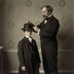 two pose for a portrait in the 1 8 8 0 s, the older one adjusts the smaller one's hat, photo by george henry durrie, flowery wallpaper, ambient occlusion