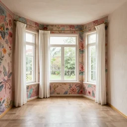 colour 3 5 mm, 8 k, empty small penthouse interior, open floor, big windows, long white curtains, beautiful wall paper, stucco,