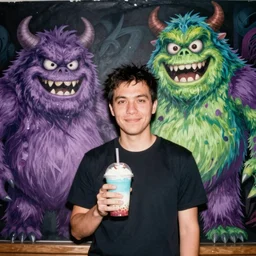 flash photograph of a man holding a milkshake casually next to a terrifying monster