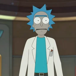 film still of rick sanchez blue spike hear lab coat cyan shirt in the new scifi movie 4 k