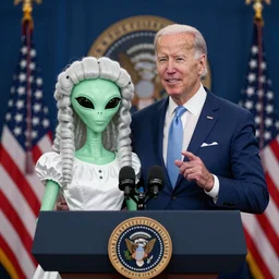 ((((alien wearing a wig and a dress)))) and Joe Biden at a press conference, photograph, highly detailed, 4K
