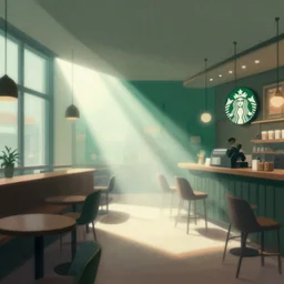 editorial illustration by karolis strautniekas and mads berg, illustrated starbucks interior, low fog, fine texture, detailed, ( ( green white brown ) ), muted colors, dramatic lighting, dynamic composition, vivid, matte print, wide angle, ( ( sunbeams ) ), moody