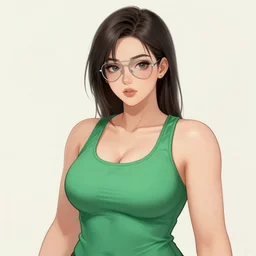 a sketch art of a beautiful curvy anime girl with an athletic feminine body in a green tank top and aviator classic sunglasses holding an assault rifle on a white background by krenz cushart, ponytail, side shot, concept art, oc commission, tanned body, illustration