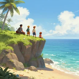 four dnd adventurers hiding on a cliff over a beach, sunny, fantasy art, concept art, digital art, epic, 4 k