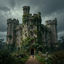 an old english castle covered by plants with moody and cinematic lighting by greg ruthkowski and simon stalenhag jama jurabaev, cinematic and atmospheric, concept art, artstation, trending on artstation