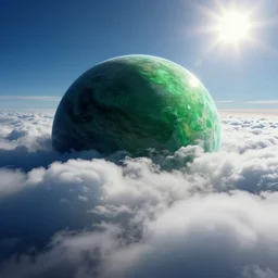 green ocean on an alien planet in the clouds, cinematic angle, cinematic lighting, blue sky, sun in the sky, by Syd Mead, John Harris, Federico Pelat