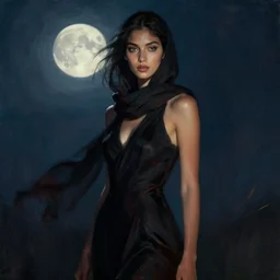 moody portrait in mysterious femininity, ethnic, clear eyes, statuesque, gazelle - like, confident realistic face, radiant skin, dark gown and scarf, svelte fashion design, bathed in moonlight, chiaroscuro, impressionism, sense of motion, natural color scheme, contrasting highlights, contemporary, deep rich hues, illustration