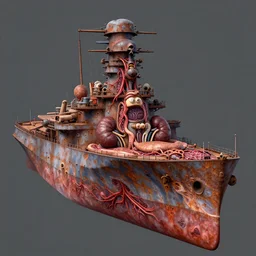 technobiological rusty warship consisting of tumors, veins, meat, kidneys, entrails, guts, skin, blood, eyes. art by hubert robert, hermann nitsch, dariusz zawadzki. biopunk, bodyhorror, high detail, photorealism, full length view, very rust, concept art, octane render, cgsociety