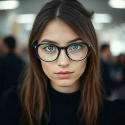 a portrait photograph of a nerdy young woman from buenos aires with big glasses and a black dress, dof, sharp focus, highly detailed face, symmetric face, realistic iris, cinestill 8 0 0 t, photography by paolo roversi