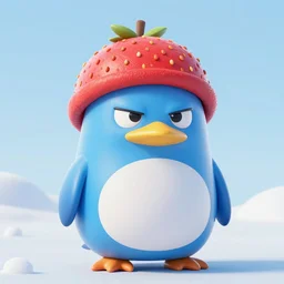 3d render of a ugly angry blue pingüin with a strawberry hat