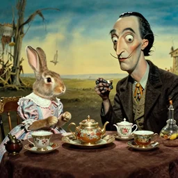a tea party with a rabbit and a strange creature, film still from the movie directed by Denis Villeneuve with art direction by Salvador Dalí, wide lens
