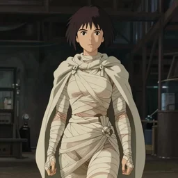 A young woman with short dark hair, full body modelling in gauze bandages, cloth wraps, sarong, heavy cloak, serious expression, background of a darkened warehouse, detailed face, digital anime art, by Hayao Miyazaki