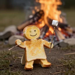 a figure made of toast holding a stick toasting a marshmallow by the campire