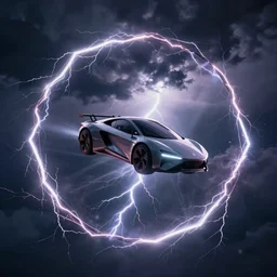 futuristic flying car in the sky, circumscribed by a circle made of lightning, thunderstorm at night, 28mm dramatic photo