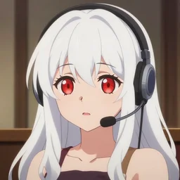 anime visual of a cute girl, with red eyes!!!! and long white hair!!!! wearing a headset in her room interior, anime art by ilya kuvshinov, katsuhiro otomo, headshot, ambient lighting, cinematic still, flat, high quality, 4 k