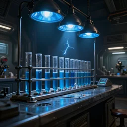 A dark gritty hi-tech laboratory with glass and metal test tubes with blue liquid inside, blue lamps on the ceiling, Warhammer 40K, sci-fi, cinematic lightning, 8k render, ultra HD