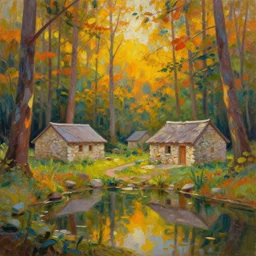 sparse stone cottages underneath a dense tall forest, pristine ponds. fine painting intricate brush strokes, bright depth oil colors. 2 8 mm perspective photography by araken alcantara. intense promiseful happiness, autumn sunrise warm hdri forest light. hopeful environment of bodyscapes