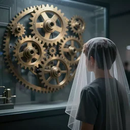 boy watching behind the veil of reality discovering divine cogs and machinery, cinematic lighting, hyper realistic