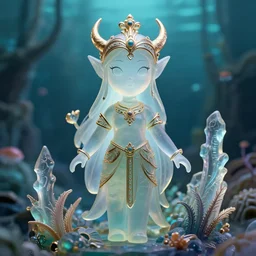 cartoon female guardian spirit of the abyssal zone. translucent resin sculpture, backlighting, depth of field, 4 k, metallic filigree details, g rated
