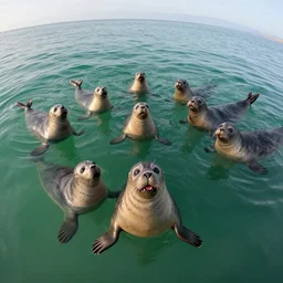 Floating happy seals over a green ocean, Darek Zabrocki, Karlkka, Jayison Devadas, Phuoc Quan, trending on Artstation, 8K, ultra wide angle, pincushion lens effect.