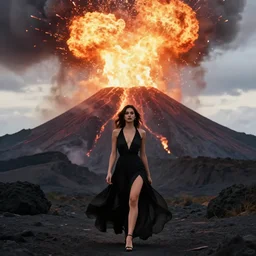 Majestic photo of a beautiful! woman wearing a black dress walking towards the camera while a volcano explodes behind her, movie scene, majestic!, amazing!