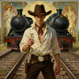 a dramatic ethereal epic symmetrical painting of a handsome villainous cowboy standing in front of railroad tracks with a train locomotive | his shirt is unbuttoned and he has a pocketwatch | tarot card, art deco, art nouveau, ( steampunk ), homoerotic, realistic | by mark maggiori and greg rutkowski and ( ( ( ( alphonse mucha ) ) ) | trending on artstation