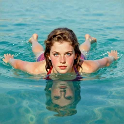 centre portrait of a girl swimming in the sea!! symmetry, retro 8 0 s style, colourful, accurate, realistic illustration, art by peter elson