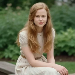 young nicole kidman, long hair, beautiful dress, 1930, out of focus, sitting in green garden