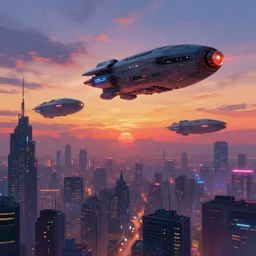 Flying spaceships over a cyberpunk city at sunset by Sparth, neon lights, Impressionism, Romanticism, hyper detailed, concept art, artstation