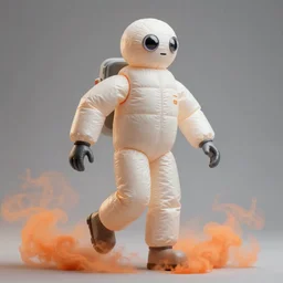 a single striding slender action figure of a tall giant inflated hazmat suit wearing man with long bendy arms and legs, googly eyes, tareme eyes, small head, personification, dynamic pose, detailed product photo, tone mapped, beautiful composition, orange mist swirling at feet, 8 5 mm, f 5. 8