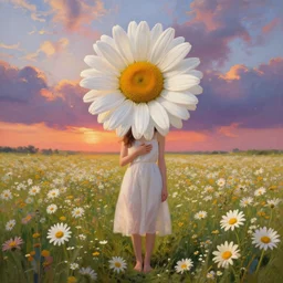 head made of giant daisies, girl standing barefoot in a vast flower field, holding chest, surreal photography, sunrise dramatic light, impressionist painting, colorful clouds, large sky, digital painting, artstation, simon stalenhag, flower face