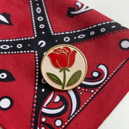 “red and black paisley bandana hanky enamel pin, cute product image, high quality lighting”