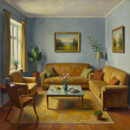 a painting of a living room, a surrealist painting by jacek yerka, cgsociety, fantastic realism, maximalist, surrealist, detailed painting