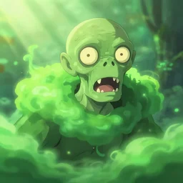 closeup upper body of magic fantasy zombie surrounded by green poison cloud, in a gentle green dawn light, clean cel shaded vector art, studio ghibli, cinematic lighting, volumetric lighting, smooth, sharp focus, highly detailed, render in unreal engine 5, artstation, deviantart, behance, trending, epic composition, octane, light rays, award - winning