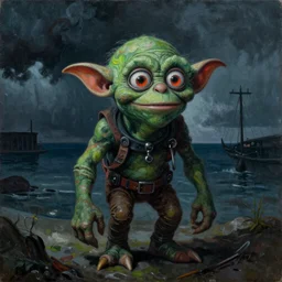 Gollum in a slasher film in the world of Edward Hopper, stormy weather, extremely detailed masterpiece, oil on canvas, low-key neon lighting, artstation, Blade Runner 2049, Roger Deakin’s cinematography, by J. C. Leyendecker and Peter Paul Rubens